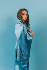 Elegantly tailored, oversize summer sky blue silk duchess suit jacket.