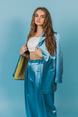 Elegantly tailored, oversize summer sky blue silk duchess suit jacket.