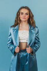 Elegantly tailored, oversize summer sky blue silk duchess suit jacket.