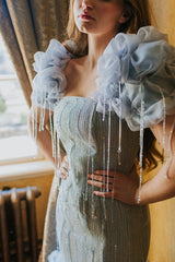 Blue tweed raindrop gown with a beautiful taffeta balloon bottom and puffed balloon sleeves.