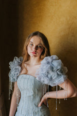 Blue tweed raindrop gown with a beautiful taffeta balloon bottom and puffed balloon sleeves.