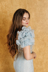 Blue tweed raindrop gown with a beautiful taffeta balloon bottom and puffed balloon sleeves.