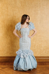Blue tweed raindrop gown with a beautiful taffeta balloon bottom and puffed balloon sleeves.