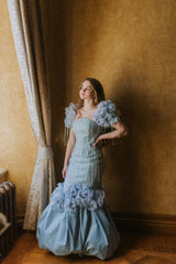 Blue tweed raindrop gown with a beautiful taffeta balloon bottom and puffed balloon sleeves.