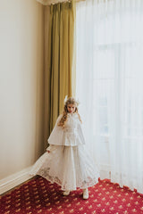 Dreamy denim pleated cape in ivory white tone.