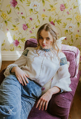 Gorgeous white chiffon blouse with bishop sleeves, dusty blue velvet cuffs hand-embellished with crystal beads and strips.