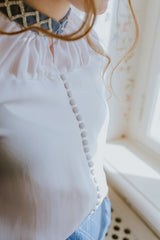 Gorgeous white chiffon blouse with bishop sleeves, dusty blue velvet cuffs hand-embellished with crystal beads and strips.