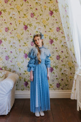 Magnificent, dusty blue, waterfall polka-dot tulle dress.