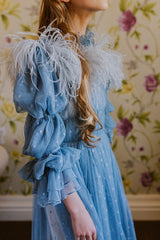 Magnificent, dusty blue, waterfall polka-dot tulle dress.