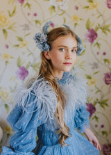 Magnificent, dusty blue, waterfall polka-dot tulle dress.