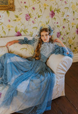 Magnificent, dusty blue, waterfall polka-dot tulle dress.