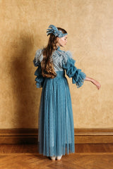 Magnificent, dusty blue, waterfall polka-dot tulle dress.