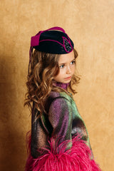 Magical chameleon jacket with magnificent fuchsia feathers along bottom and cuffs.