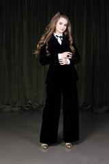 Timeless classic deep midnight black wide-leg silk and viscose trousers with a hidden side-zipper.