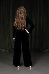 Timeless classic deep midnight black wide-leg silk and viscose trousers with a hidden side-zipper.