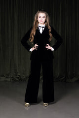 Timeless classic deep midnight black wide-leg silk and viscose trousers with a hidden side-zipper.