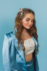 Lucid curve-sided square crop top in silk duchess adorned with freshwater pearls.