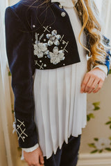 Dark blue velvet bolero jacket with astonishing crystal embellishments, embroidery, and silver flowers on the bodice and cuffs.