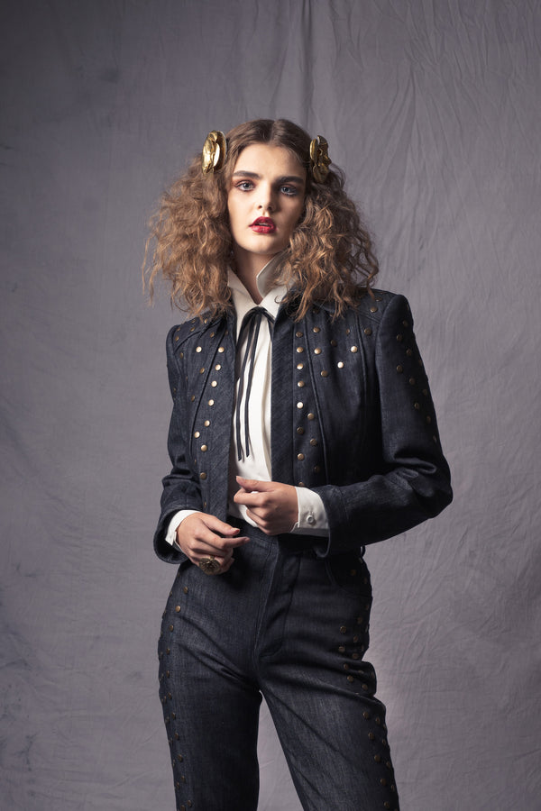 tailored short denim jacket with studs