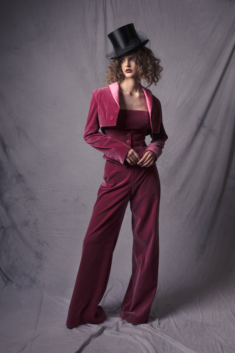 raspberry velvet suit set with crop top for women