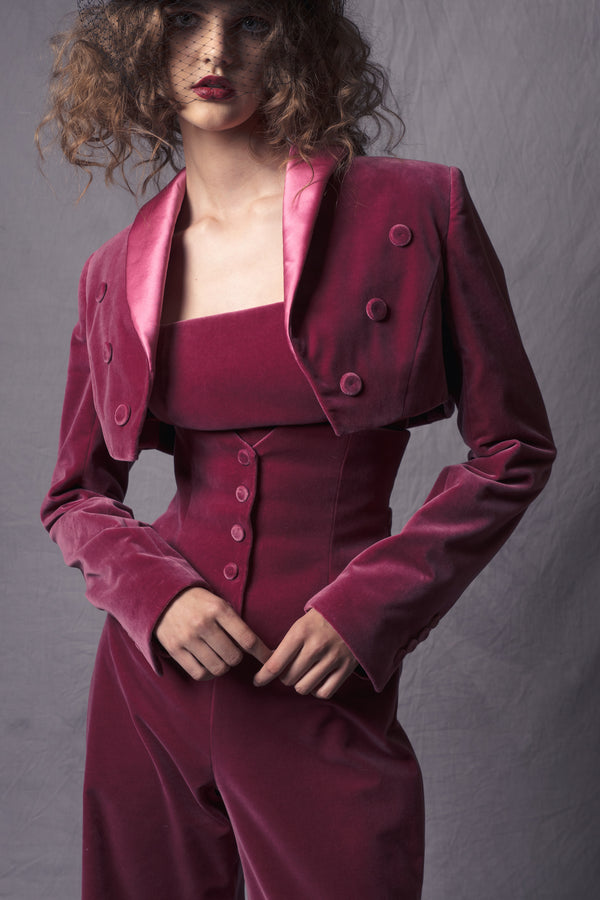 raspberry pink short crop velvet jacket with six buttons