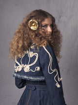 crop denim jacket adorned with cotton thread appliqués for girls