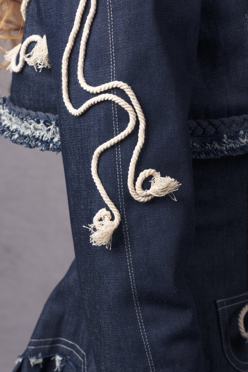 crop denim jacket adorned with cotton thread appliqués for girls