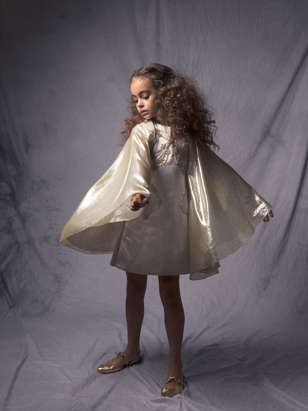Silk mini dress with wide arm details inspired by butterfly for kids