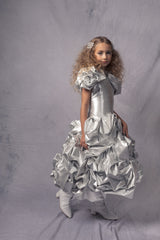regal evening dress for kids,  made of silk, shinny silver gown