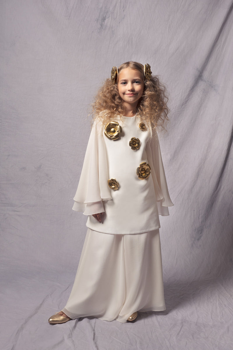 couture mini dress and trousers set for kids, adorned with handcrafted metal flowers