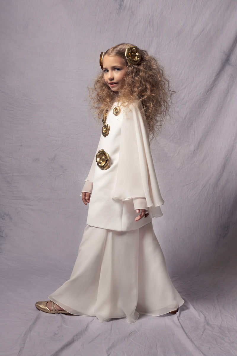 white luxurious dress and trousers set for kids