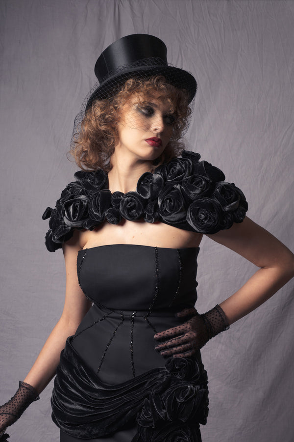  black velvet cape embellished with intricately crafted three-dimensional silk velvet roses
