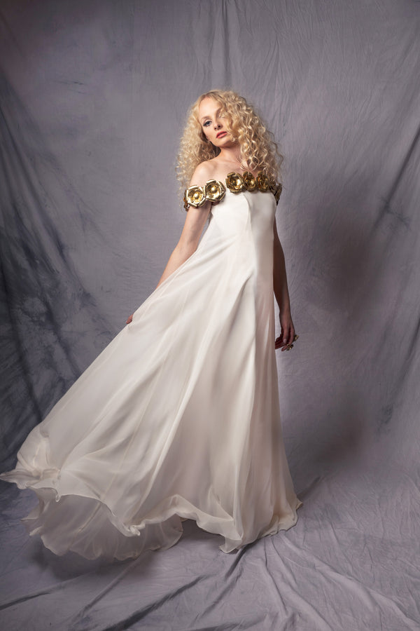 white silk gown with metal gold flowers