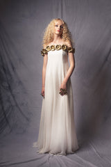 empire style white silk gown with metal flowers