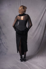 Sleek black fitted dress with a back slit 