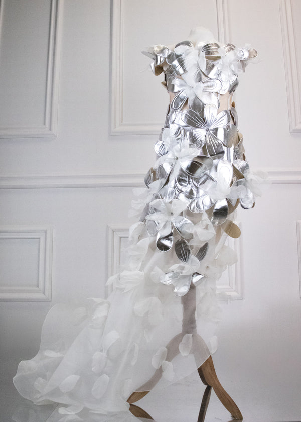 SILVER LEATHER AND ORGANZA AVANT-GARDE DRESS