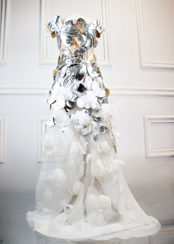 SILVER LEATHER AND ORGANZA AVANT-GARDE DRESS