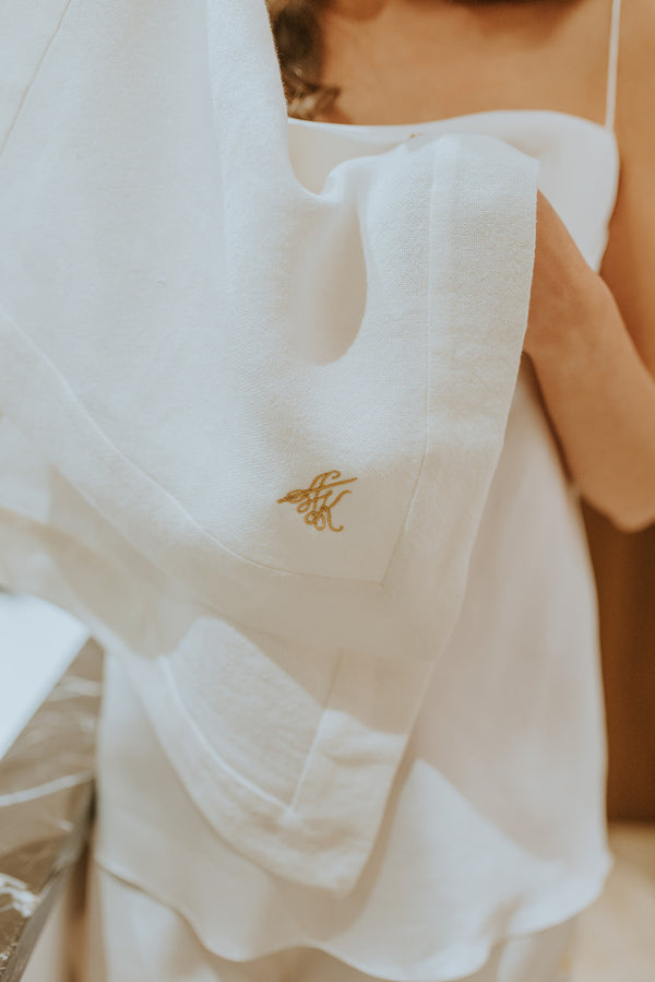 Coco Pearl White Linen and Amber Thread Embroidered Towel