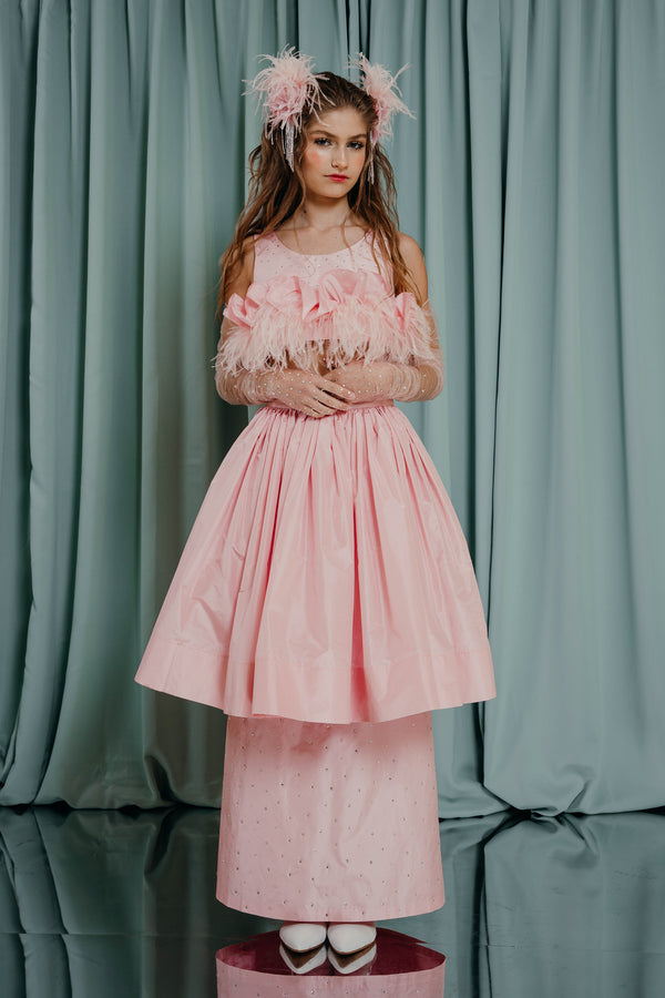 couture for teens Full floor length skirt with two layers in silk taffeta. The upped layer opens like a gorgeous flower over the A line silhouette under layer that is embellished with sparkling crystals . 