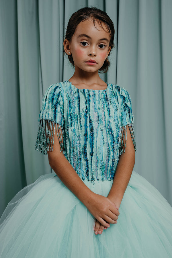 Luxury clothing for girls. Bodice is made of several layers of various silk fabrics worked in the chenille  technique , 3D design 