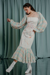 couture for teens Statement mermaid maxi dress with tweed ruffle and tweed bishop sleeves adorned with joyful splashes of colour hand-painted by Anna Kustikova 