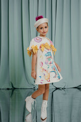 bespoke for kids Playful hand-painted silk denim dress with a silk lining 