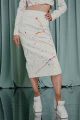 couture for teens Playful pencil midi skirt with joyful splashes of colour hand-painted by Anna Kustikova. 