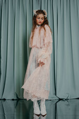 couture clothing for kids Dreamy layered midi dress with a high neckline and ostrich feather trim around the two button cuffs 