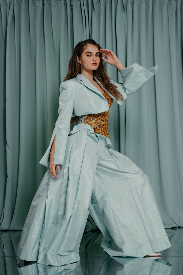 Aquamarine cropped blazer in fine silk taffeta. Luxury couture clothing