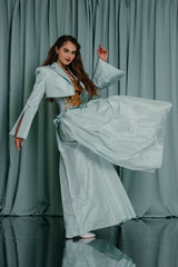 Aquamarine Gracious wide-leg silk lined trousers.  Luxury couture clothing 