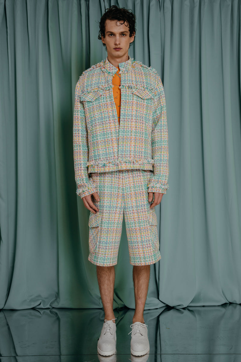 Nuanced pastel tweed jacket couture for teens