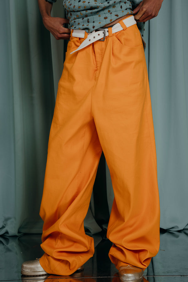 couture clothing Oversized baggy fit skater type pants in bright orange. Extra long 