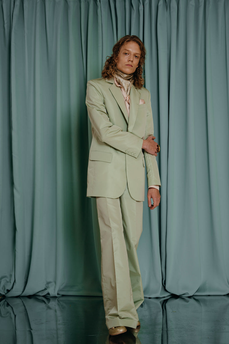 couture clothing Elegant, wide leg, pure silk trousers in pastel pistachio green.