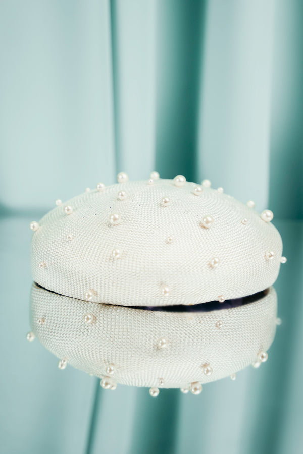 couture for teens White woven beret, beautifully embellished with lustrous glass pearls.